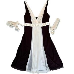 Y2K Flowy Dress Women's Medium Brown Cream Chiffon Satin Ribbon Wedding Guest